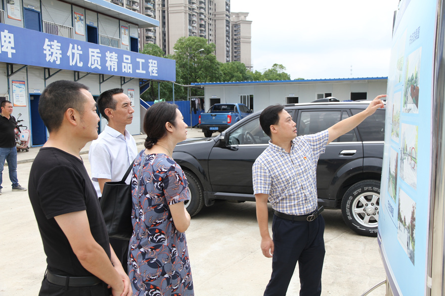 图片1：市直机关工委副书记杨玲审查展板，，，，，听取项目推进情形_副本